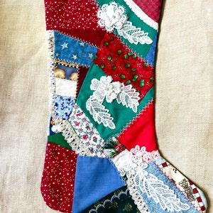 Crazy Quilt Christmas Stocking: Embroidered Lace, Green Back