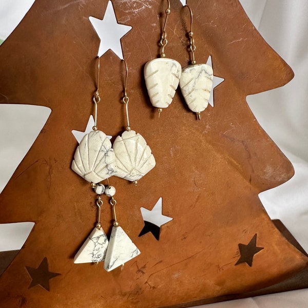 Earring white howlite, carved fan,leaves,and triangle shape.  sterling silver, or 12k gold filled  french earwires, length bc in description