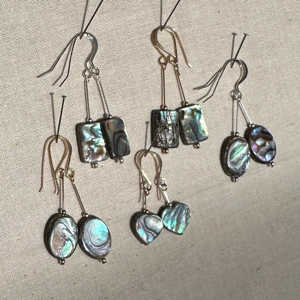 Earring  paua shell heart,  oval, rectangle, beautiful colors, blue, green, swirls on 12k gold filled  or sterling silver, french ear wires.