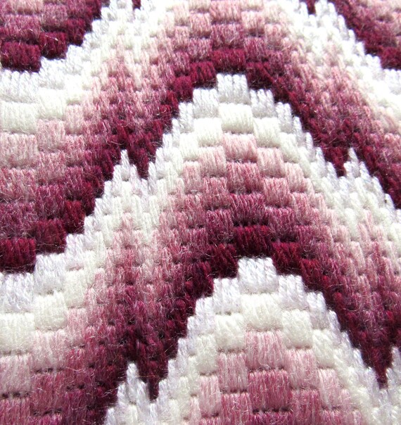 Christmas stocking needlepoint traditional bargello pattern done in teals and white The length is 15 12 and the width at top is 6 12.