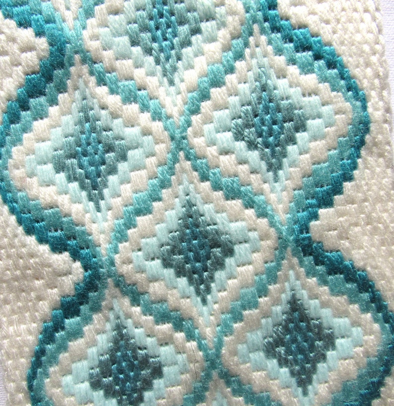 Christmas stocking needlepoint traditional bargello pattern done in teals and white The length is 15 12 and the width at top is 6 12.