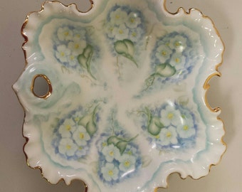 Trinket Nut Dish, Candy Dish, Porcelain Dish, Floral Scalloped, Gold Trim Edge, Hand Pained Dish, 80's Vintage, Blue Green, Soap Dish