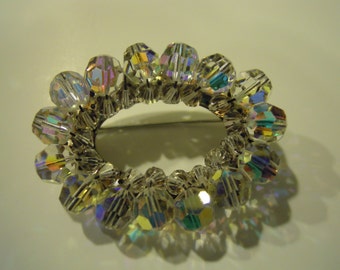 Vintage Rhinestone Brooch Aurora Borealis Cluster Oval Wired Wreath Pin