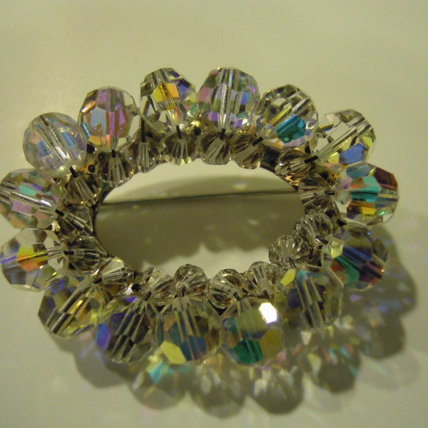 Vintage Rhinestone Brooch Aurora Borealis Cluster Oval Wired Wreath Pin