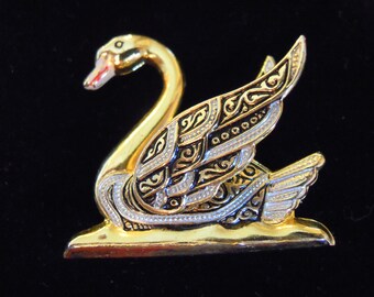 Damascene Swan Brooch Gold Black Silver Enamel Signed Spain Eternal Love Symbol Bridal Pin