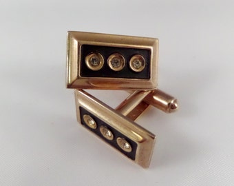 Cuff Links by Hickok,  Gold Black Dot Pattern, Clear Rhinestone, Formal Wear, Cufflinks, Vintage Jewelry Groomsmen, 1950s 1960s