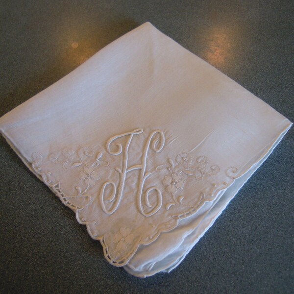 Embroidered Monogrammed H Hanky Wedding Handkerchief Ladies Vintage White