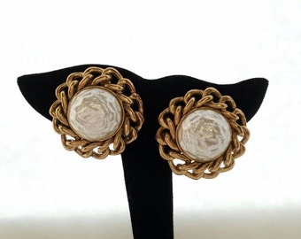 Earrings, Sarah Coventry, Vintage Earrings, Baroque Goddess, Clip On Earrings, Gold Tone Metal, Baroque Pearl, Statement Earrings, 1960s Era