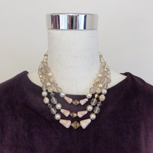 Layered Necklace, Beaded Necklace, Chunky Necklace, Pink and Gold, Multi Strand Necklace, Gift for Her, Faux Pearl, 1960&#39;s Jewelry, Vintage