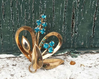 Gold Rhinestone Flower brooch, Blue Rhinestone Accents,  Floral Design, Vintage Prong Set Stone, 1940s Brooch, Gift for Her