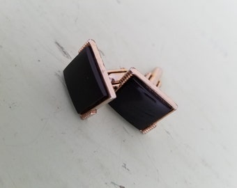 SWANK Cufflinks, Elegant Black Glass, Gold Tone Metal, Vintage Cuff Links, Square Design, Mens Jewlery, 1960s