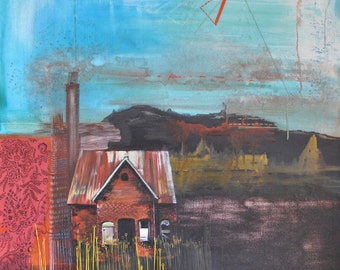 Original Oil Painting "To Build A Home" aka "Kite" by Emily May Carson Turquoise Brown Oil House Gold Sew Brick Fabric