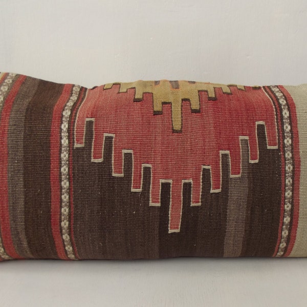 Kilim Lumbar Pillow Turkish Kilim Lumbar Handwoven Bolster Pillow Ethnic  Pastel Accent Pillow  Bohemian Home Decor Throw Pillow