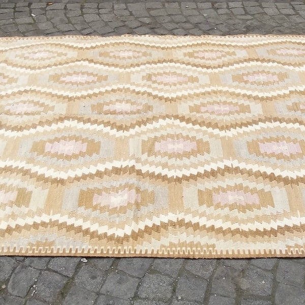 NATURAL Dyed Turkish Kilim Rug, Pastel Beige Blue Light Brown Kilim Rug, Very Soft Cotton Kilim Rug 109" x 60  inch  FREE SHIPPING