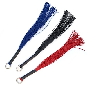 May include: Three leather whips with a loop handle. The whips are made of braided cord and come in red, black, and blue.