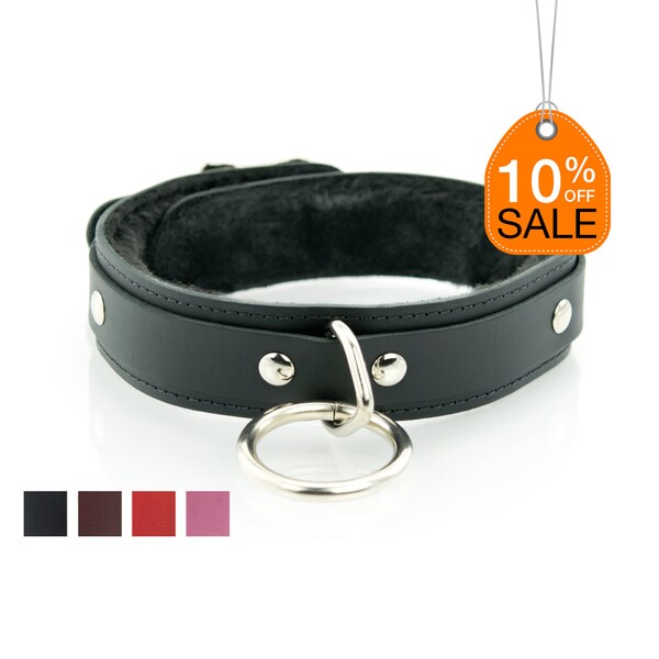 BDSM 1 Ring Slave Collar for Bondage Fetish, Faux Fur Lined - Premium Leather with O-Ring - PERSONALIZED ENGRAVING Available