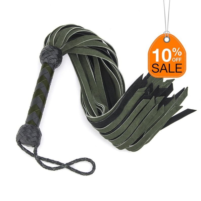 Leather and Suede Flogger - Spanking Fetish Gear for BDSM Enthusiasts - Dark Green and Black BDSM 