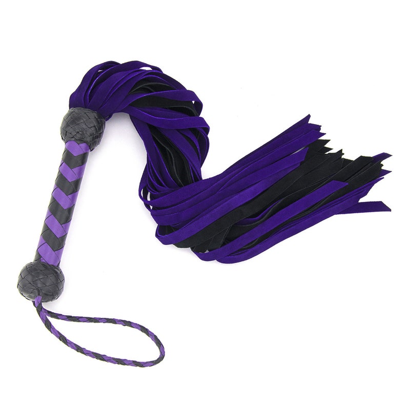 BDSM Leather and Suede Flogger - Spanking Fetish Gear for BDSM Enthusiasts - Purple and Black 