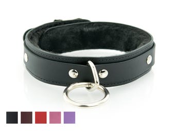 BDSM 1 Ring Slave Collar for Bondage Fetish, Faux Fur Lined - Premium Leather with O-Ring - PERSONALIZED ENGRAVING Available