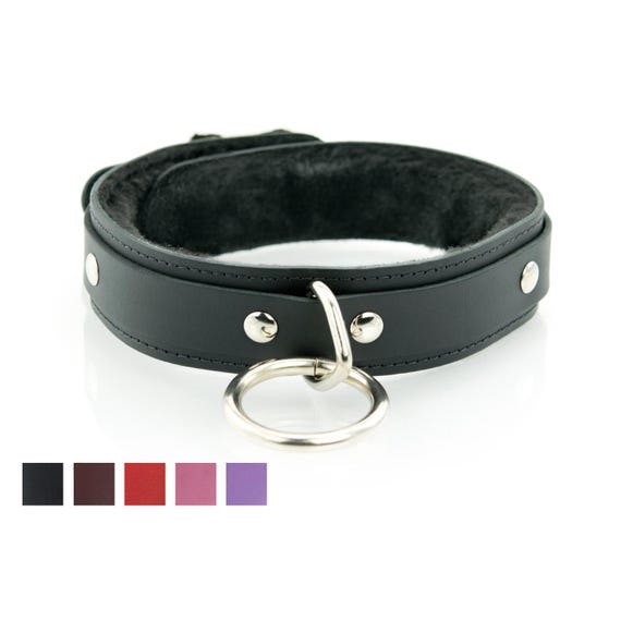 BDSM 1 Ring Slave Collar for Bondage Fetish, Faux Fur Lined - Premium Leather with O-Ring - PERSONALIZED ENGRAVING Available