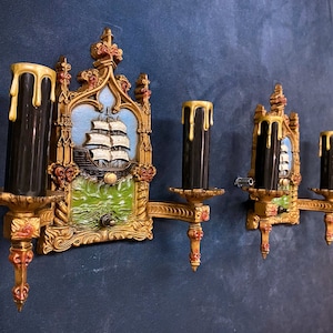 Antique Lowry Nautical Ship Sconce Pair, Signed, Spanish Revival circa 1920s. Vintage Sconces, Saloon Lighting