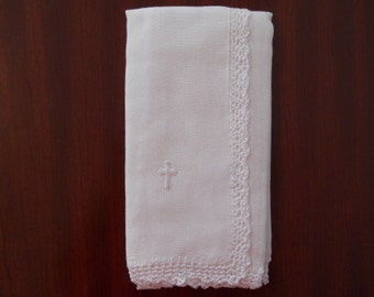 Baby Christening or dedication Burp Cloth with delicate tiny crochet trim-white on white with tiny white cross applique