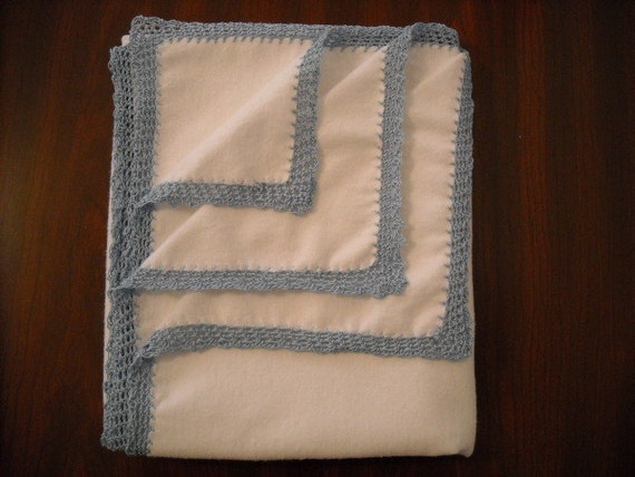 White Brushed Cotton Baby Blanket - Medium Blue Crochet Trim