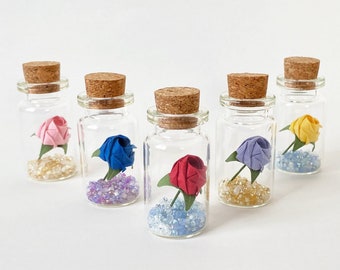 Set of Tiny Origami Roses in a Bottle, Paper Roses for Wedding and Event favors, Personalized Gifts for Friends and Family