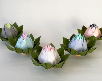 Set of Origami Lotus Flowers in Pearlescent Tant Paper, Weddings Favors and Table Decor, 1 Year Paper Anniversary, Event and Party Favours