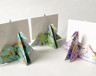 Set of Origami Paper Crane Place Card Holders for Weddings, Table Card Holders for Event Decor - Floral Pattern