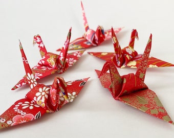 100 3" Cranes, Red Yuzen Origami Paper Cranes, Wedding Decor, 1 Year Paper Anniversary, Event and Party Decoration