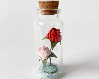 Tiny Origami Roses in a Bottle, Tant Paper Roses for Wedding and Event favors, Personalized Gift for Paper Anniversary, Valentine's Day