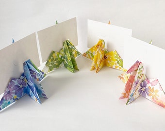 Set of Origami Crane Place Card Holders for Weddings, Floral Pattern Origami Table Card Holders for Event Decor