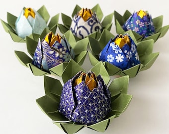 Set of 15 Yuzen Origami Lotus Flowers, Shades of Blue Weddings Favors and Table Decor, 1 Year Paper Anniversary, Event and Party Favours