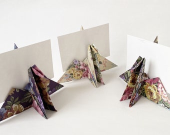 Set of Origami Paper Crane Place Card Holders for Weddings, Event Decor - Floral Pattern Table Card Holders