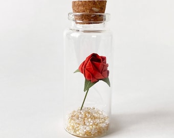 Tiny Origami Rose in a Bottle, Paper Rose for Wedding and Event favors, Personalized Gift for Paper Anniversary, Birthdays