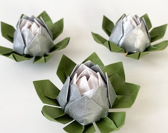 Set of Silver Yuzen Origami Lotus Flowers, Weddings Favors and Table Decor, 1 Year Paper Anniversary, Event and Party Favours