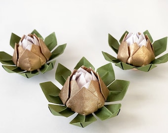 Set of Gold Yuzen Origami Lotus Flowers, Weddings Favors and Table Decor, 1 Year Paper Anniversary, Event and Party Favours