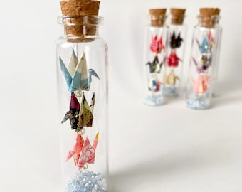 Tiny Origami Cranes in a Bottle, Yuzen Washi Paper Cranes for Wedding and Event favors, Gift for 1 Year Anniversary, Valentine's Day