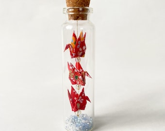 Tiny Origami Cranes in a Bottle, Red Yuzen Washi Paper Cranes for Wedding and Event favors, Gift for Paper Anniversary, Valentine's Day