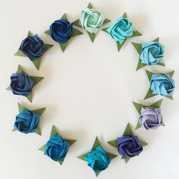Set Of 12 Origami Roses Blue Shades Tant Paper No Stems Valentines Day Mothers Day