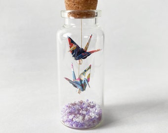 Tiny Origami Cranes in a Bottle, Yuzen Washi Paper Cranes for Wedding favors, Gift for Paper Anniversary, Valentine's Day