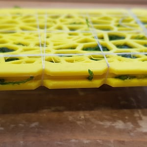 May include: Two yellow plastic trays with a grid pattern are stacked on top of each other. The trays are secured together with white string. Green moss is visible on the top and bottom of the trays.