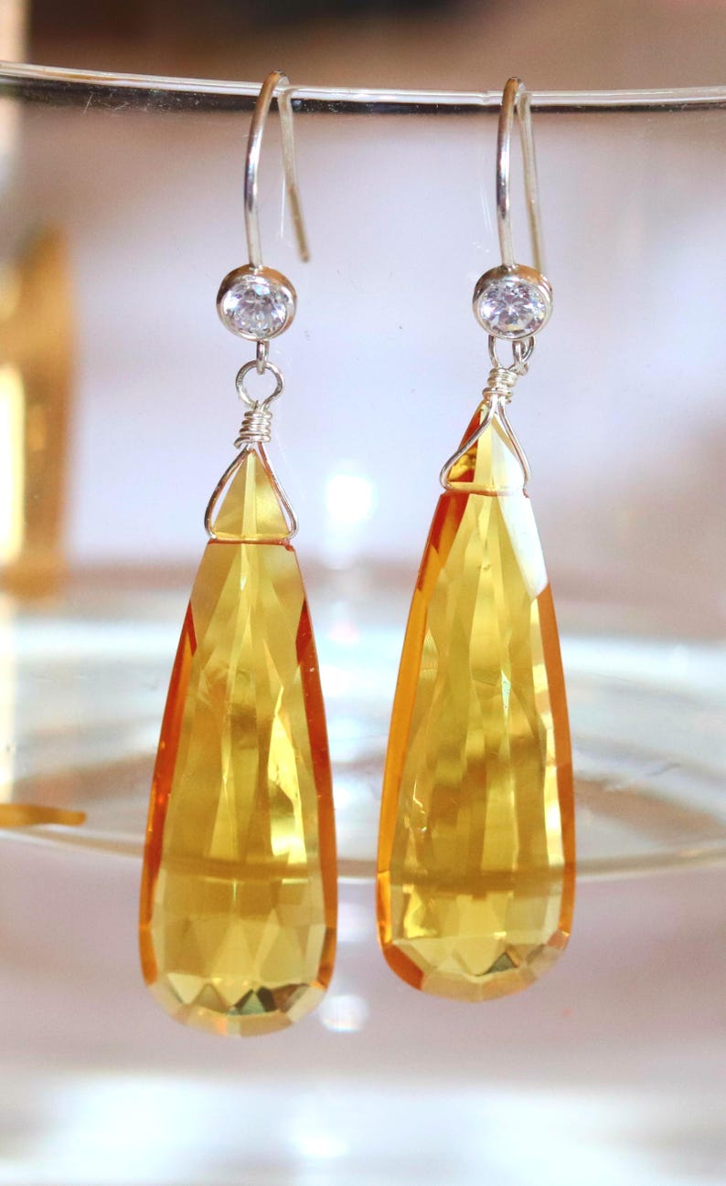 Yellow Quartz and CZ Teardrop Earrings with Sterling Silver Mother/'s Day Gift Yellow Earrings Cubic Zirconia
