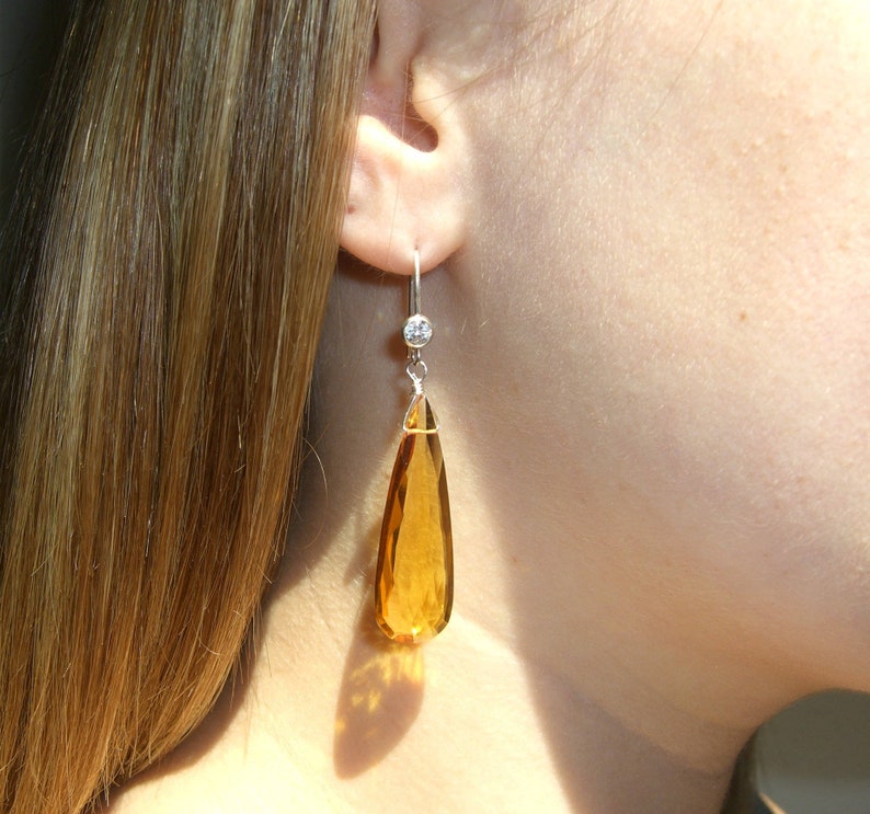 Yellow Quartz and CZ Teardrop Earrings with Sterling Silver Mother/'s Day Gift Yellow Earrings Cubic Zirconia