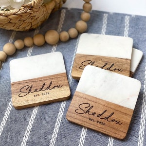 Personalized Coasters Marble Wood, Housewarming Gift, Marble Wood Coaster Set, Wedding Gift, Farmhouse Decor, Bridal Shower Gift