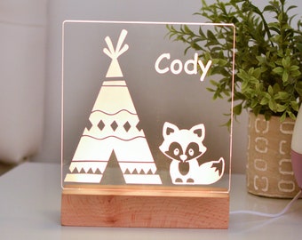 Kids Night Light, Kids Bedroom, Nursery Night Light, Personalized Night Light, Woodland Baby Fox, Childs Night Light, Nursery Decor