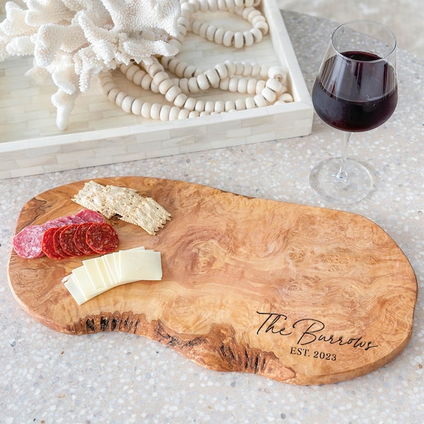 Olive Wood Custom Charcuterie Board, Personalized Cheese Board, Rustic Natural Edge Cutting Board, Personalized Wedding Gift, Couples Gift
