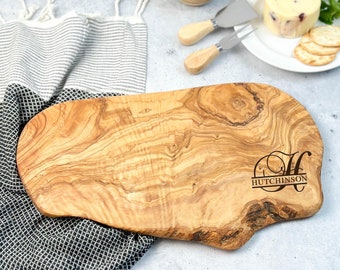 Monogram Olive Wood Charcuterie Board, Personalized Cheese Board, Rustic Natural Edge Cutting Board, Personalized Wedding Gift, Couples Gift