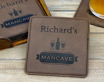 Personalized Coasters Set of 6, Engraved Coasters, Man Cave, Gift For Him, Leather Coasters, Fathers Day Gift, Anniversary Gift